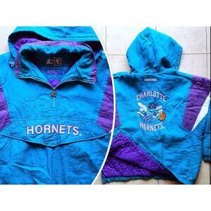 Charlotte Hornets 90s STARTER puffer 1/2 jacket Pullover L teal purple NBA vtg